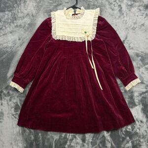 Rare Editions Velvet Dress Girls 10 Burgundy Lace Bib Collar Vintage ILGWU